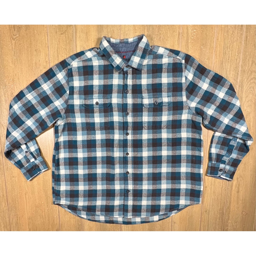 Woolrich Mens XXL Flannel Shirt Blue White Buffalo Plaid Cotton Long Sleeve